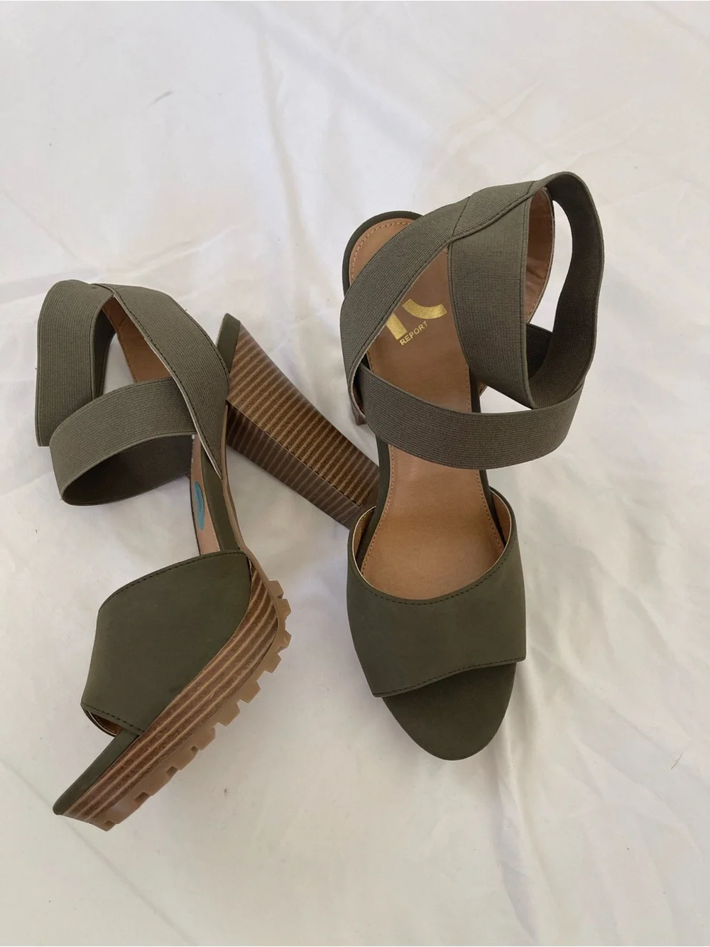 Report Olive Green Elastic Wrap Block Heel -Sz-9 - Sandals